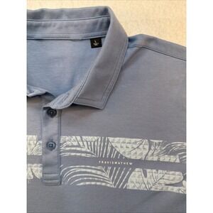Travis Mathew Blue Golf Polo Shirt Mens Large  Flowers And Palms On Stripe
